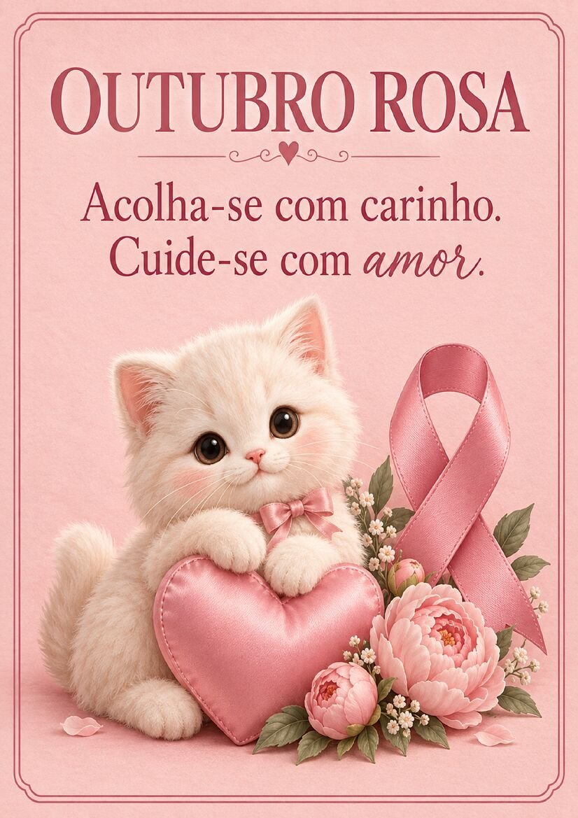 Imagem Outubro Rosa com gatinho branco abraçando coração rosa, flores e fita de conscientização